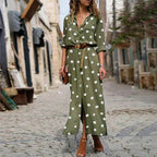 Women's Polka Dot Maxi Dress | Belted & Button-Down Style