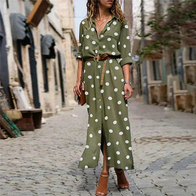 Women's Polka Dot Maxi Dress | Belted & Button-Down Style