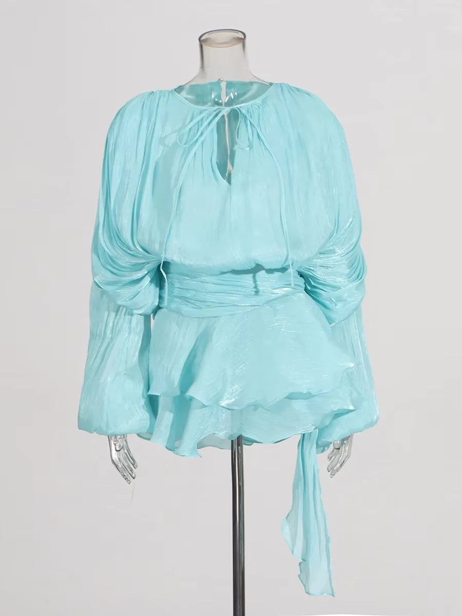 Women's Ruffle Mini Dress | Pleated Long Sleeve & Tie Neck