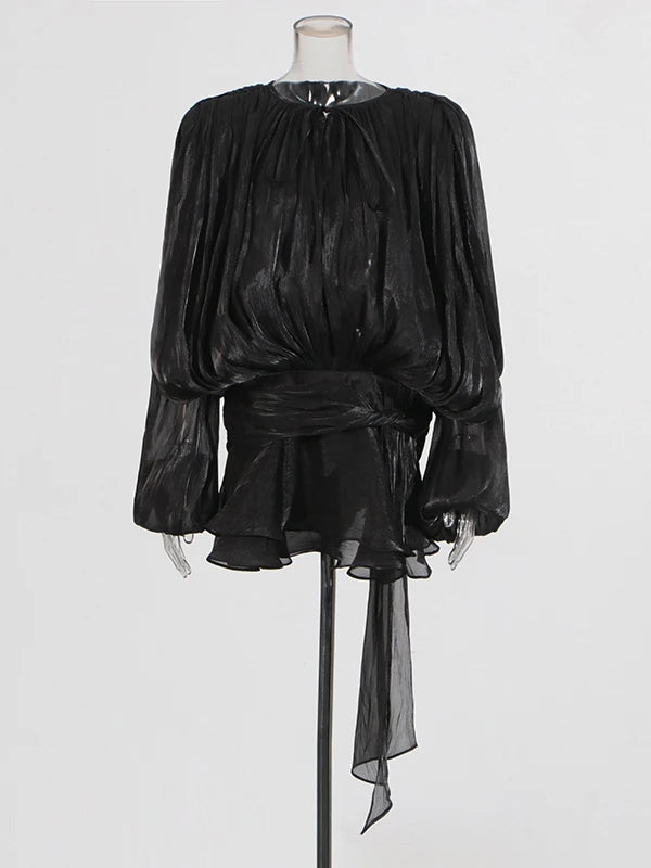 Women's Ruffle Mini Dress | Pleated Long Sleeve & Tie Neck