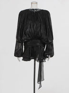 Women's Ruffle Mini Dress | Pleated Long Sleeve & Tie Neck