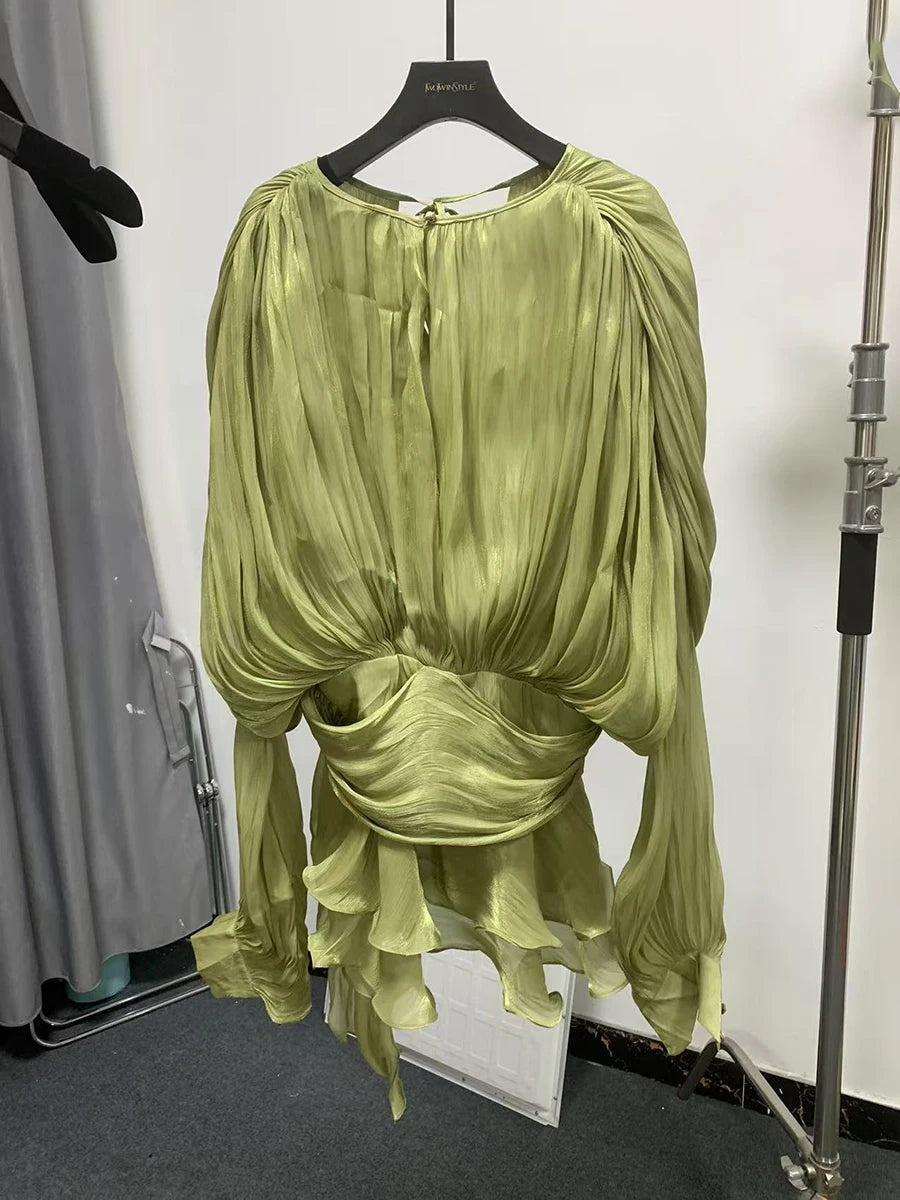 Women's Ruffle Mini Dress | Pleated Long Sleeve & Tie Neck