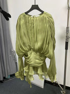 Women's Ruffle Mini Dress | Pleated Long Sleeve & Tie Neck