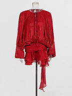 Women's Ruffle Mini Dress | Pleated Long Sleeve & Tie Neck