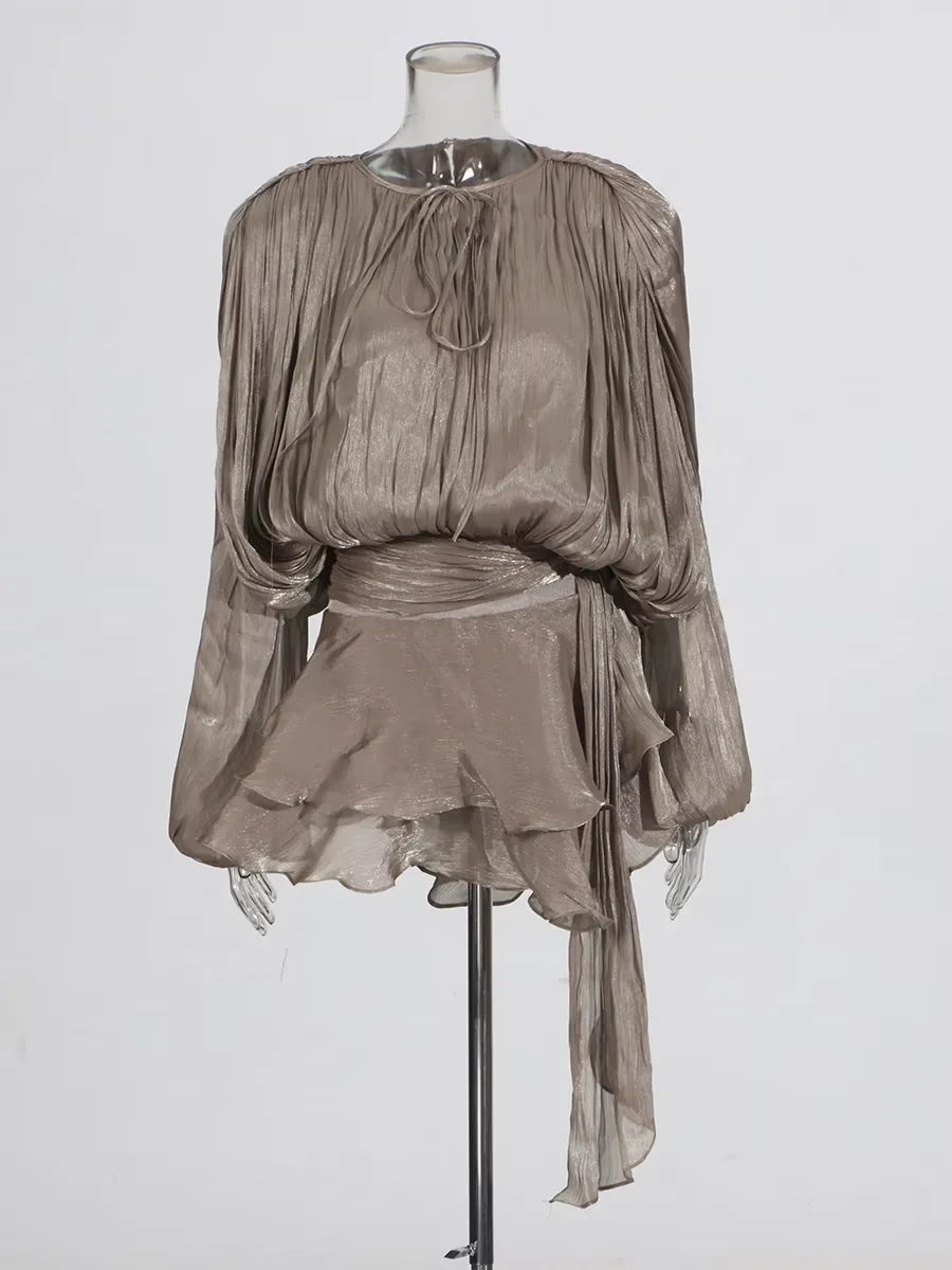 Women's Ruffle Mini Dress | Pleated Long Sleeve & Tie Neck
