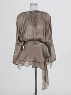 Women's Ruffle Mini Dress | Pleated Long Sleeve & Tie Neck