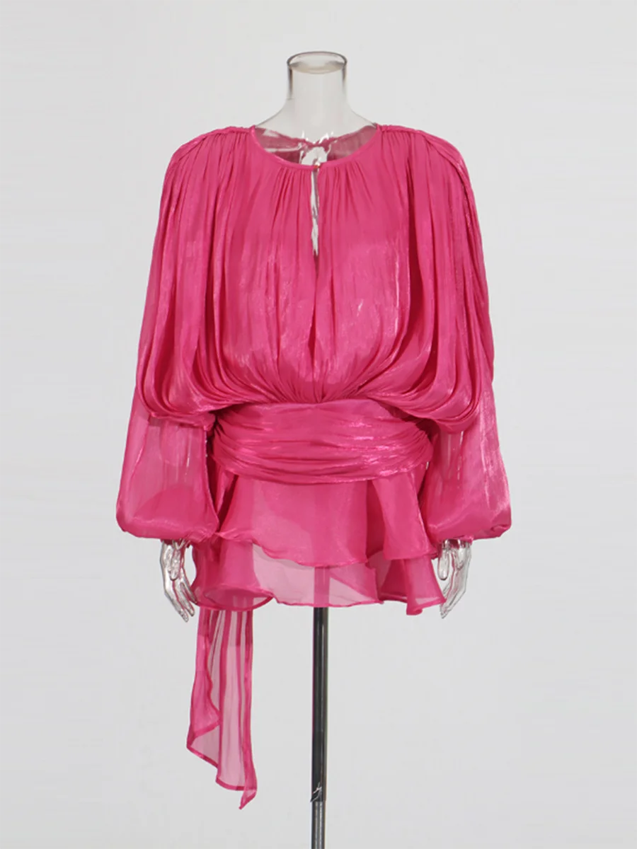 Women's Ruffle Mini Dress | Pleated Long Sleeve & Tie Neck