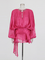 Women's Ruffle Mini Dress | Pleated Long Sleeve & Tie Neck