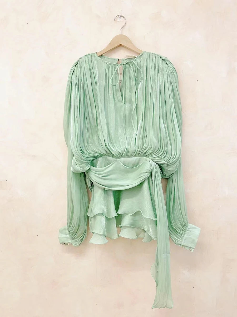 Women's Ruffle Mini Dress | Pleated Long Sleeve & Tie Neck