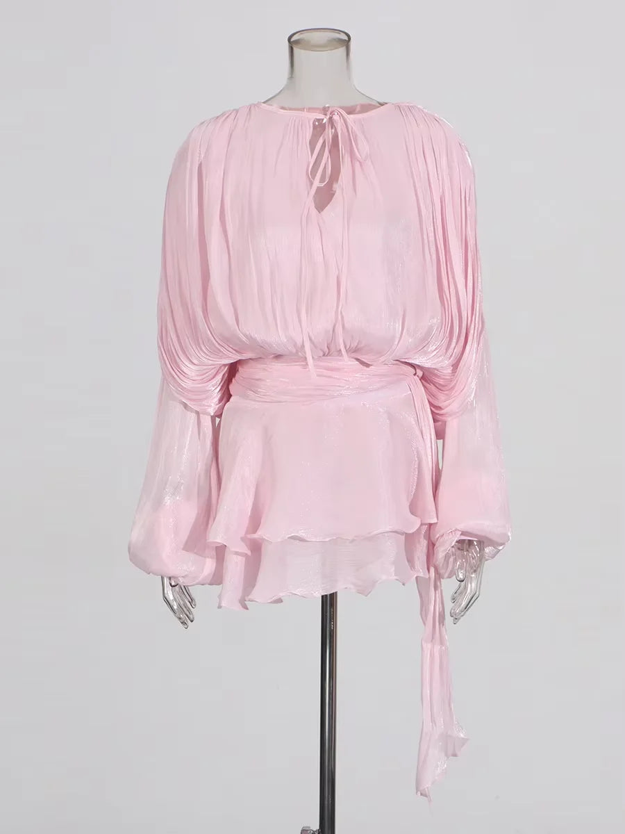 Women's Ruffle Mini Dress | Pleated Long Sleeve & Tie Neck
