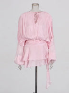 Women's Ruffle Mini Dress | Pleated Long Sleeve & Tie Neck