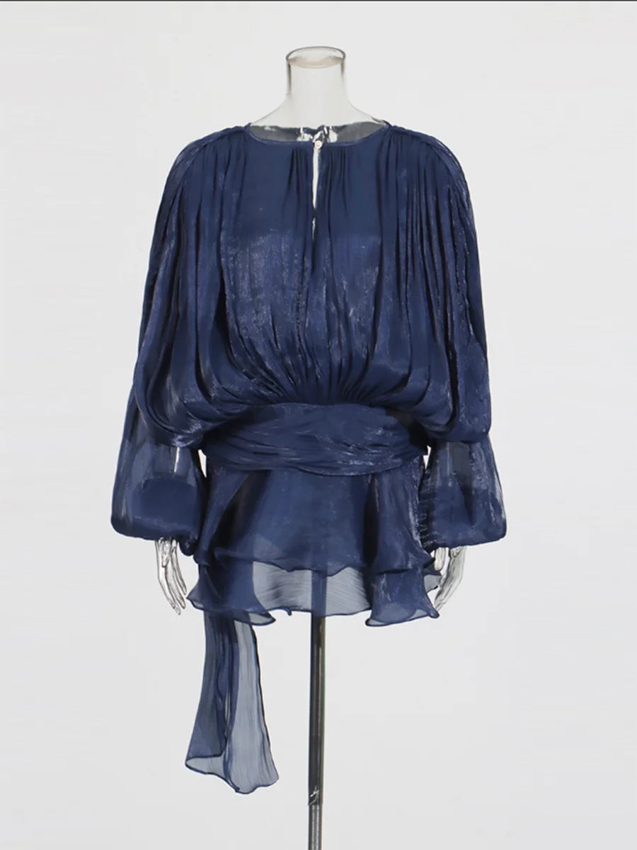 Women's Ruffle Mini Dress | Pleated Long Sleeve & Tie Neck