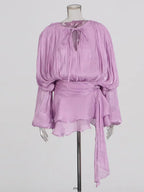 Women's Ruffle Mini Dress | Pleated Long Sleeve & Tie Neck