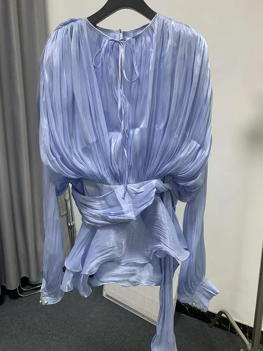 Women's Ruffle Mini Dress | Pleated Long Sleeve & Tie Neck
