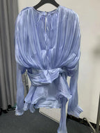 Women's Ruffle Mini Dress | Pleated Long Sleeve & Tie Neck