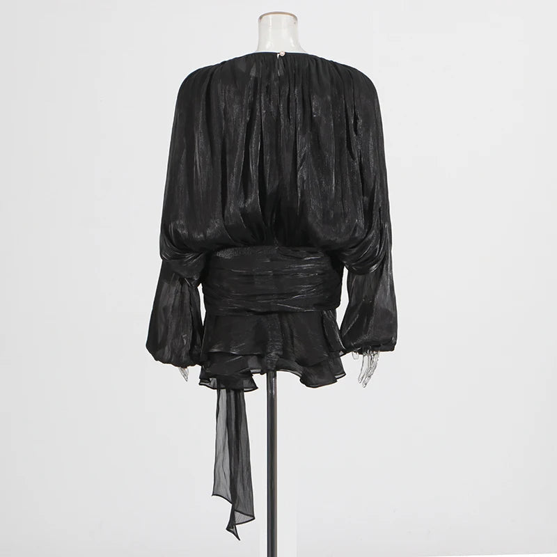 Women's Ruffle Mini Dress | Pleated Long Sleeve & Tie Neck