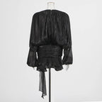 Women's Ruffle Mini Dress | Pleated Long Sleeve & Tie Neck