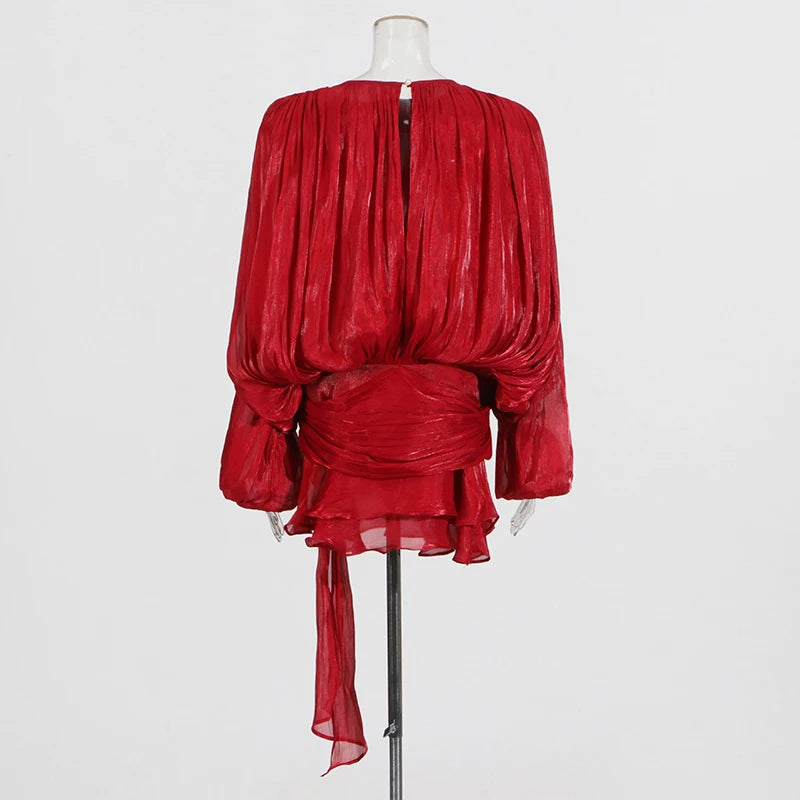 Women's Ruffle Mini Dress | Pleated Long Sleeve & Tie Neck