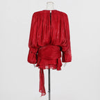 Women's Ruffle Mini Dress | Pleated Long Sleeve & Tie Neck