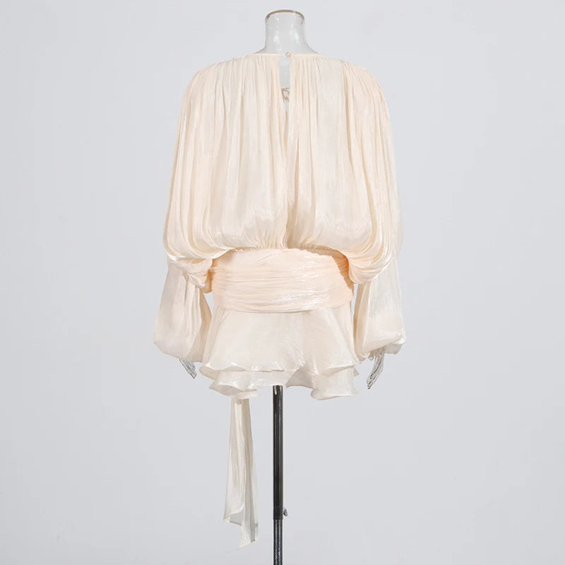 Women's Ruffle Mini Dress | Pleated Long Sleeve & Tie Neck