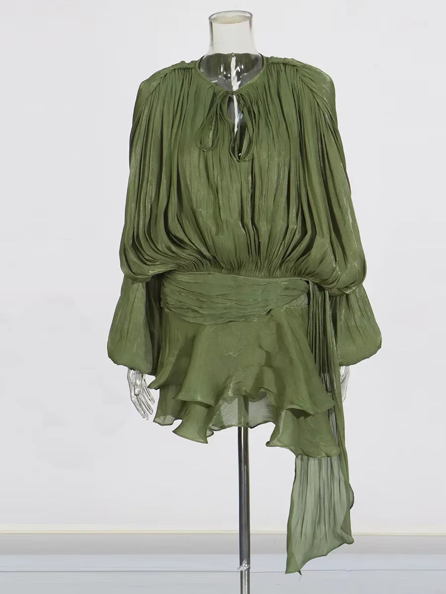 Women's Ruffle Mini Dress | Pleated Long Sleeve & Tie Neck
