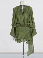 Women's Ruffle Mini Dress | Pleated Long Sleeve & Tie Neck