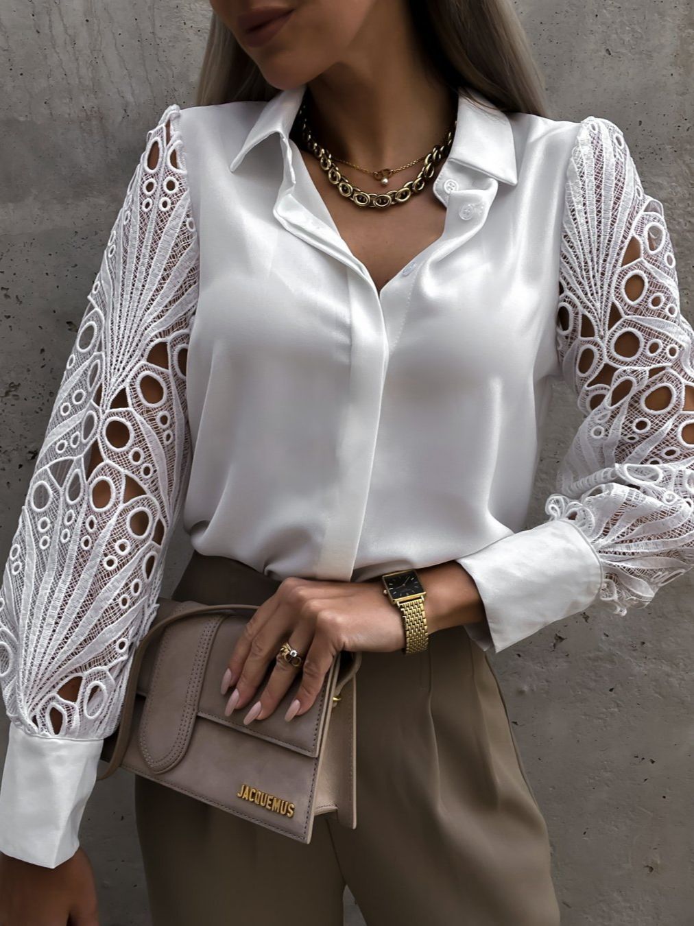 Women's Shirt Blouse | Lace Sleeve Hollow Out Button-Up Top