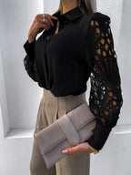 Women's Shirt Blouse | Lace Sleeve Hollow Out Button-Up Top