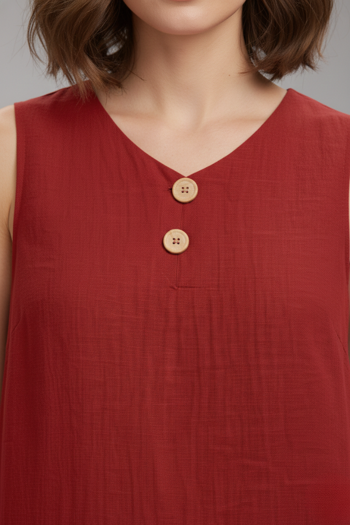 Women's Short Dress | V-Neckline & Button Detail