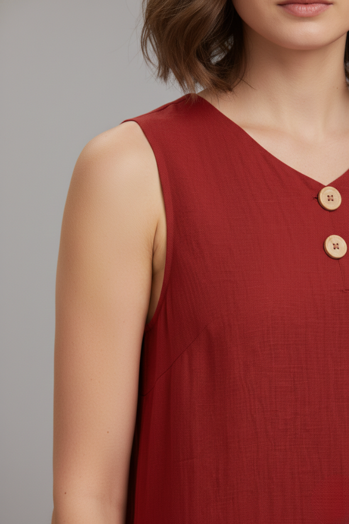 Women's Short Dress | V-Neckline & Button Detail