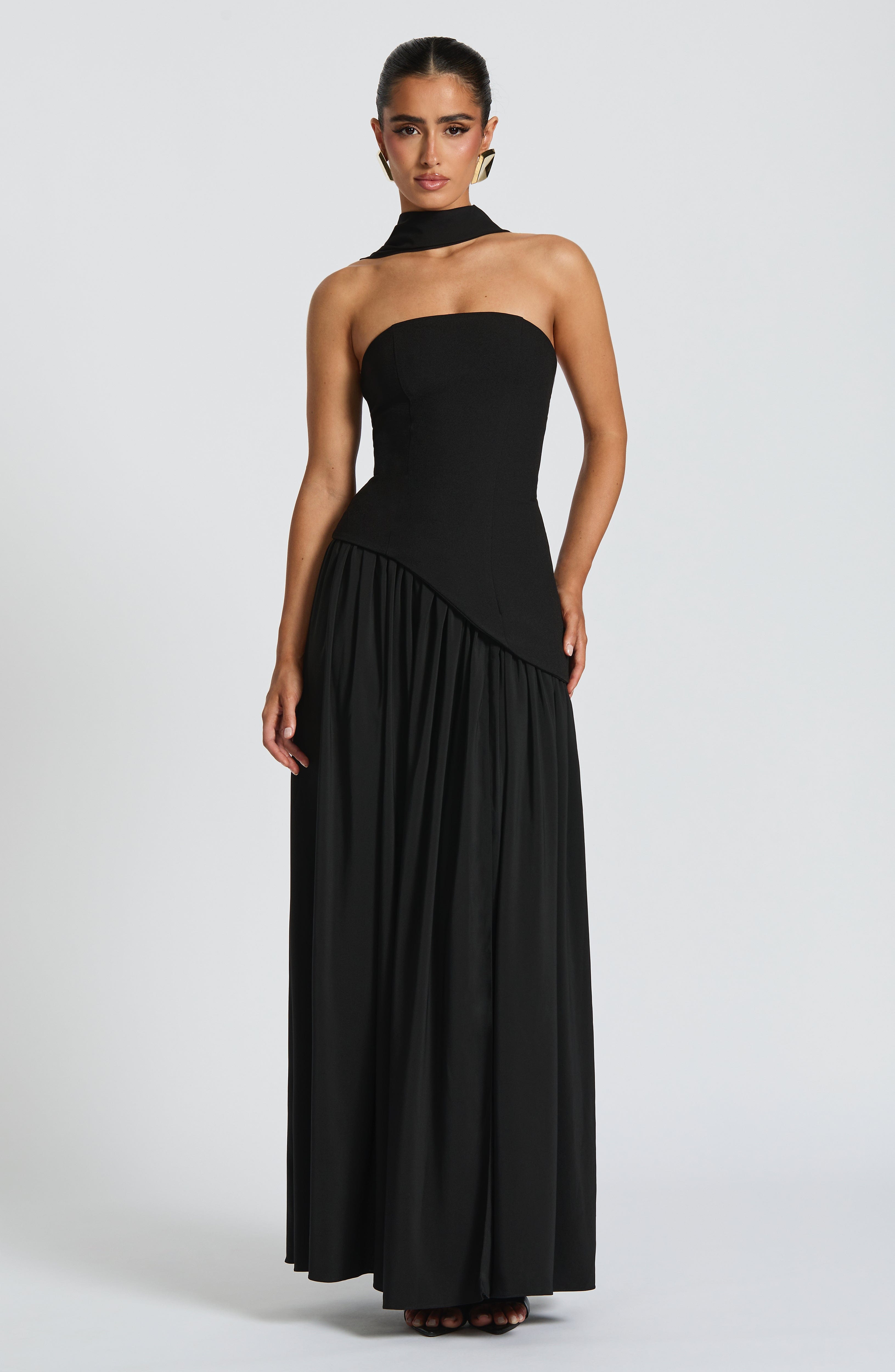 Women's Strapless Maxi Dress | Pleated Skirt & Thigh-High Slit