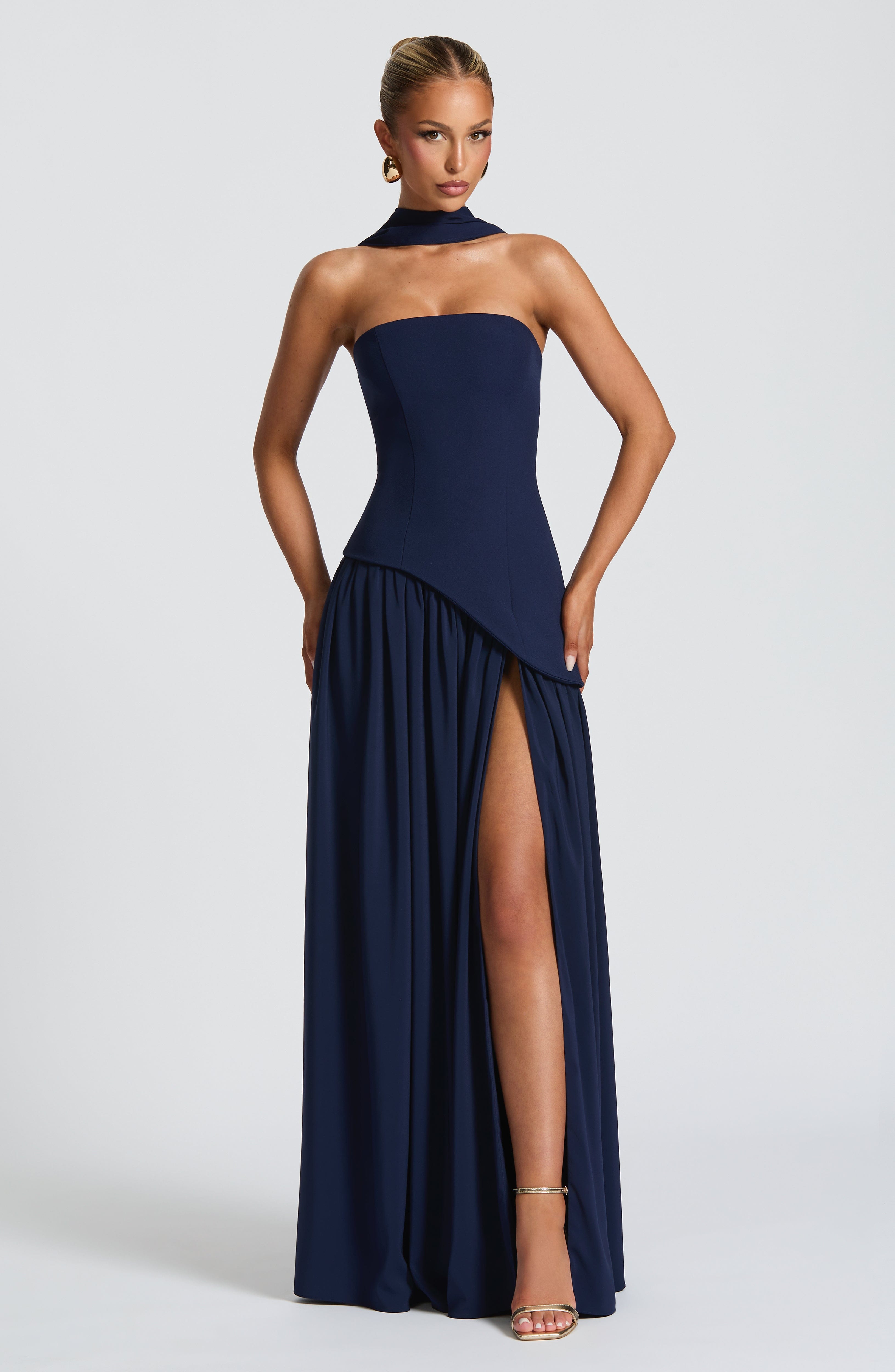 Women's Strapless Maxi Dress | Pleated Skirt & Thigh-High Slit