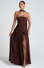 Women's Strapless Maxi Dress | Pleated Skirt & Thigh-High Slit