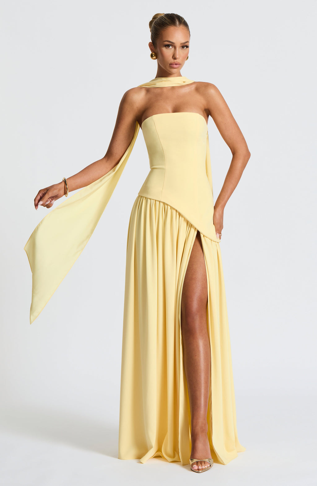 Women's Strapless Maxi Dress | Pleated Skirt & Thigh-High Slit