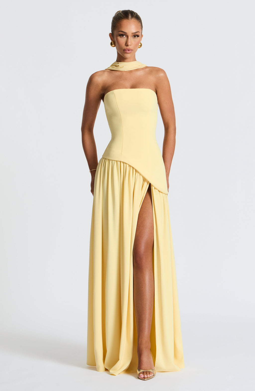 Women's Strapless Maxi Dress | Pleated Skirt & Thigh-High Slit