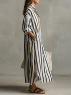 Women's Striped Maxi Dress | V-Neck & Side Split