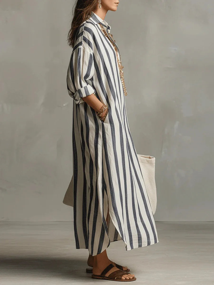 Women's Striped Maxi Dress | V-Neck & Side Split