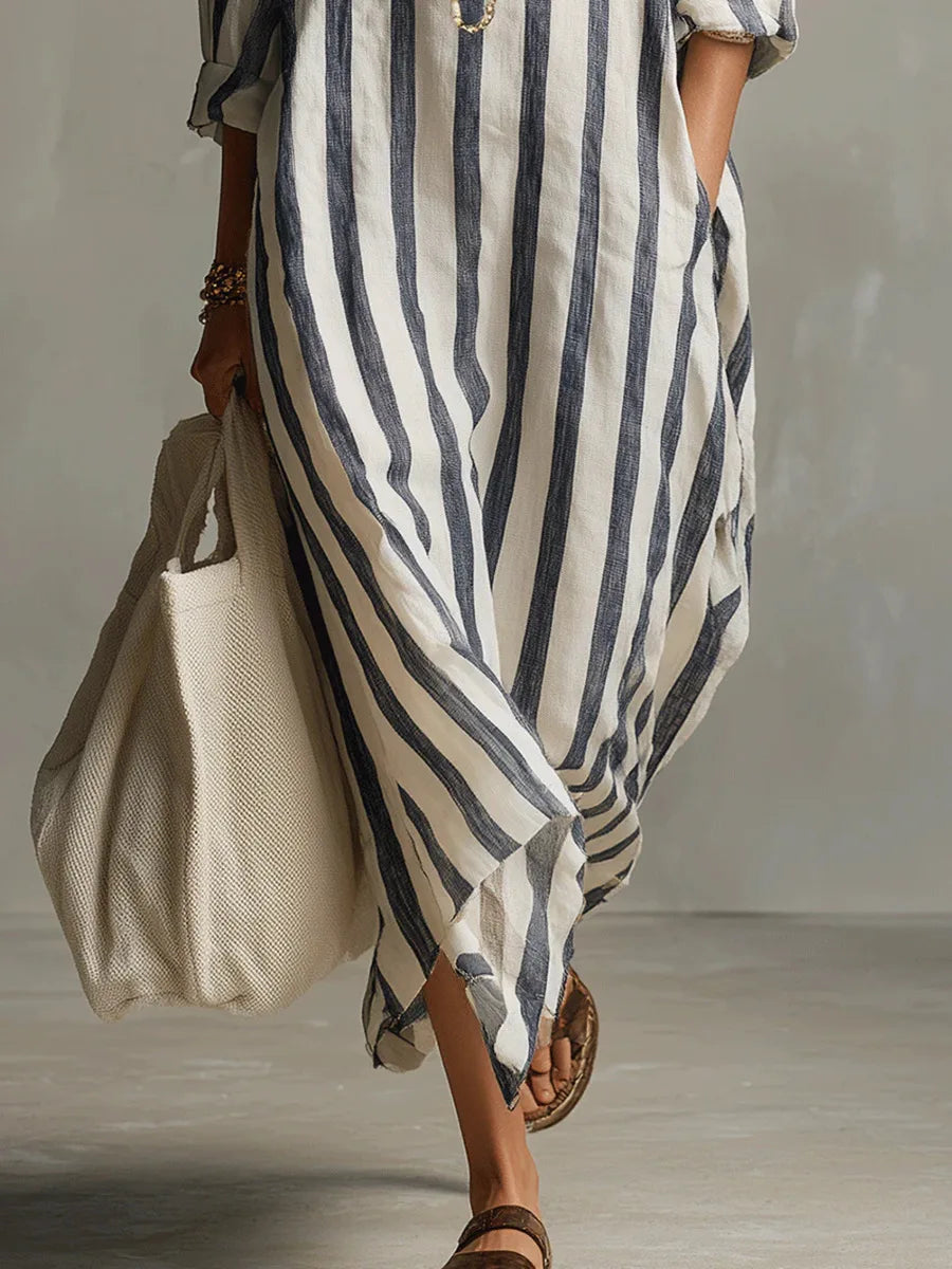 Women's Striped Maxi Dress | V-Neck & Side Split