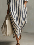 Women's Striped Maxi Dress | V-Neck & Side Split