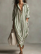 Women's Striped Maxi Dress | V-Neck & Side Split