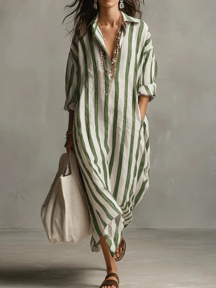 Women's Striped Maxi Dress | V-Neck & Side Split