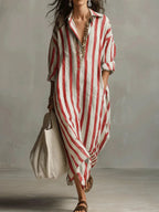 Women's Striped Maxi Dress | V-Neck & Side Split