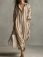 Women's Striped Maxi Dress | V-Neck & Side Split