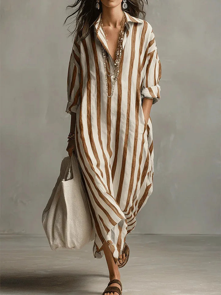 Women's Striped Maxi Dress | V-Neck & Side Split