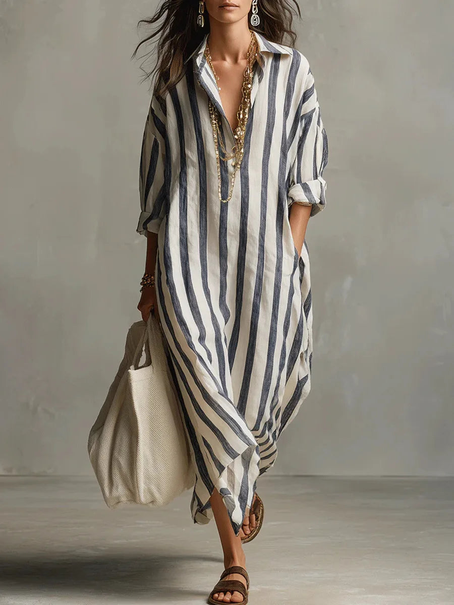 Women's Striped Maxi Dress | V-Neck & Side Split