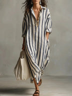 Women's Striped Maxi Dress | V-Neck & Side Split