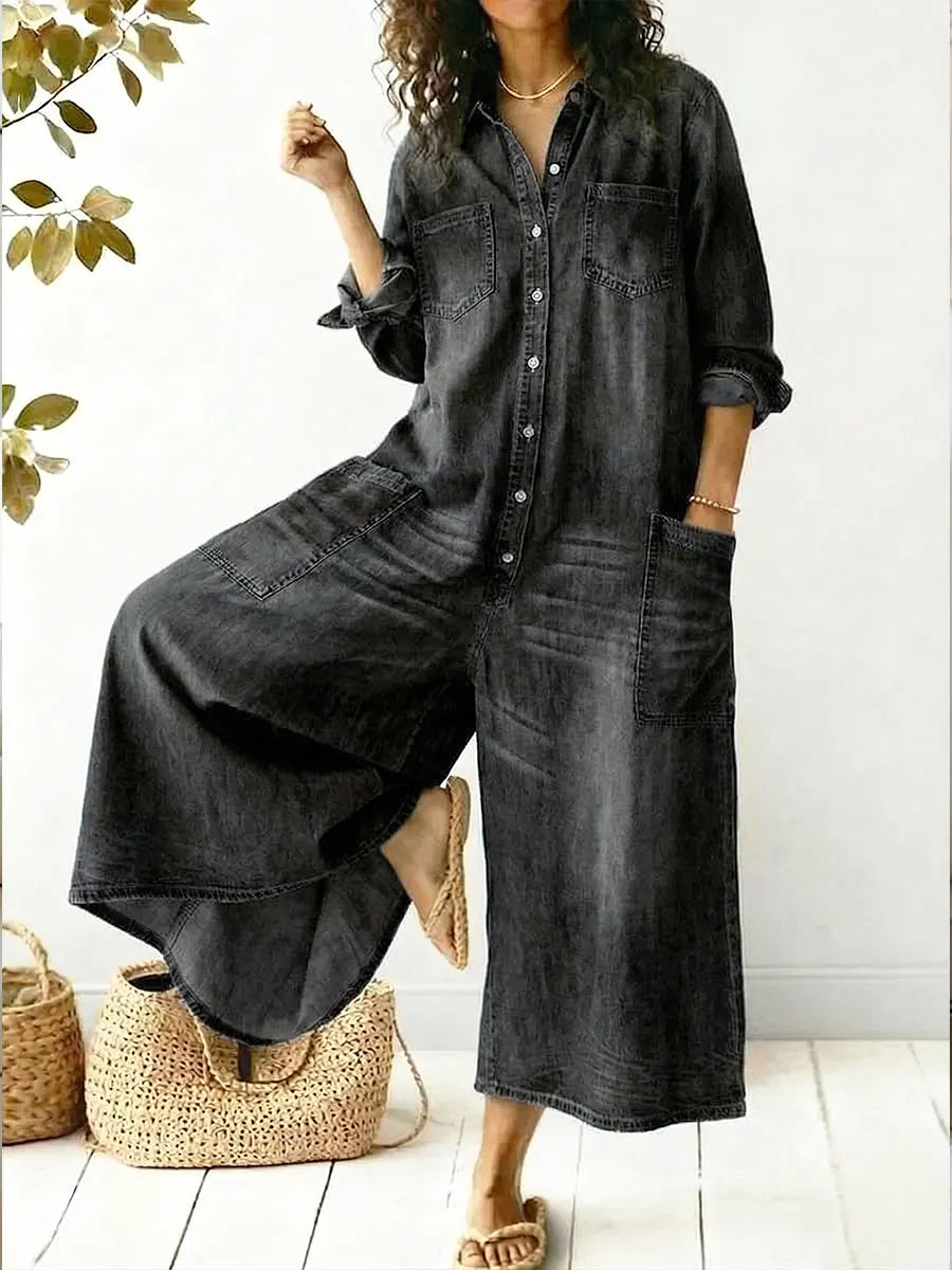 Women's Summer Jumpsuit | Denim Wide Leg & Button-Front