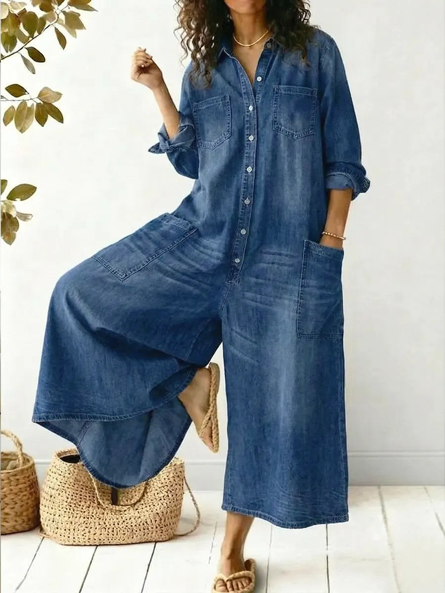 Women's Summer Jumpsuit | Denim Wide Leg & Button-Front