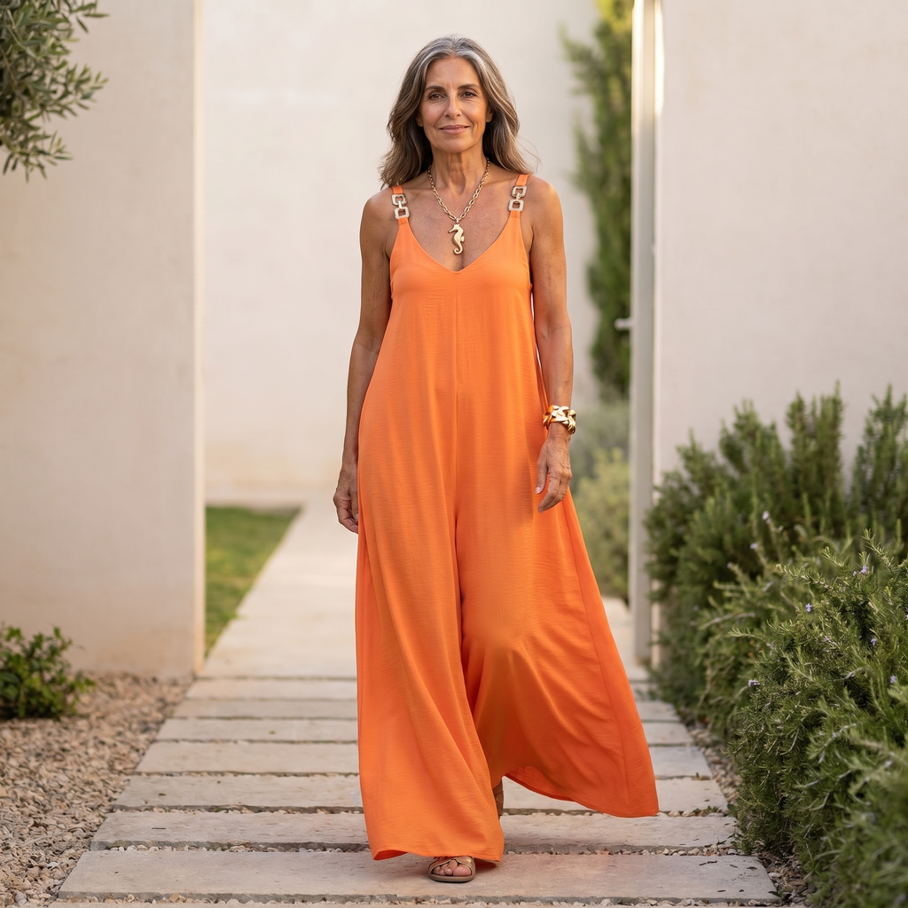 Women's Summer Jumpsuit | Flowing Wide Leg & Gold Hardware Straps
