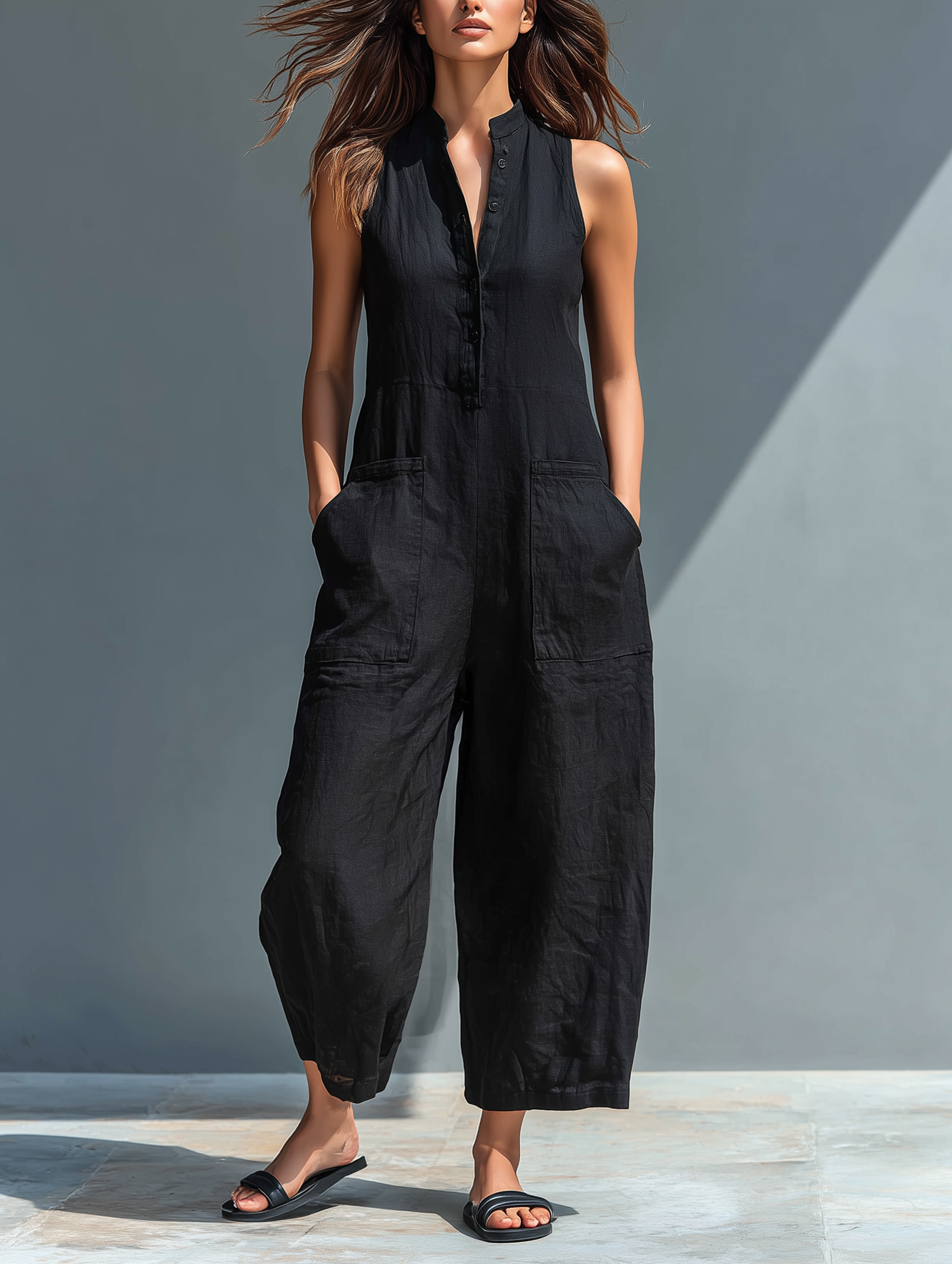 Women's Summer Jumpsuit | Sleeveless Wide Leg & Button Henley Neck